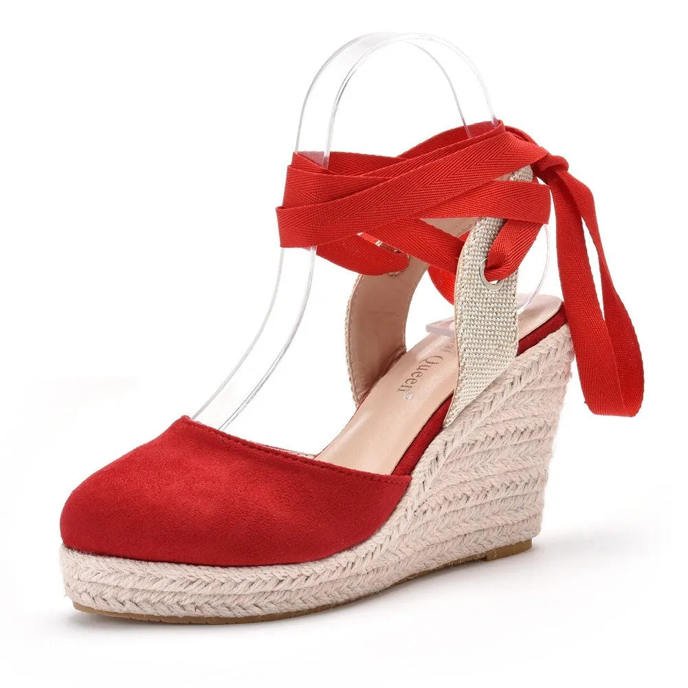 Women's apricot Bohemian wedge sandals with beaded tassels and an adjustable buckle on a 10.5cm heel.