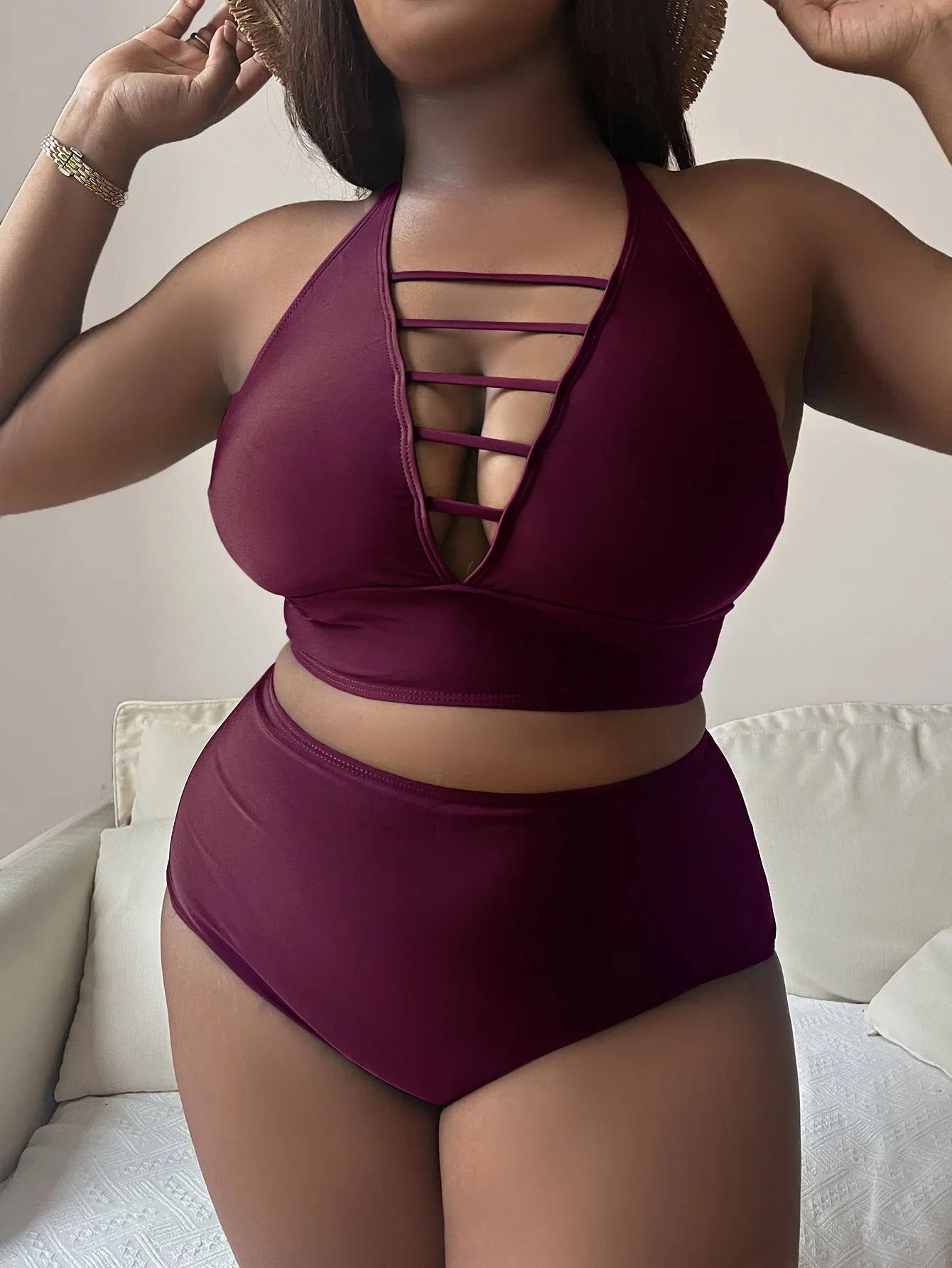 Plus size halter bikini set with adjustable hollow cross straps in black, green or wine red