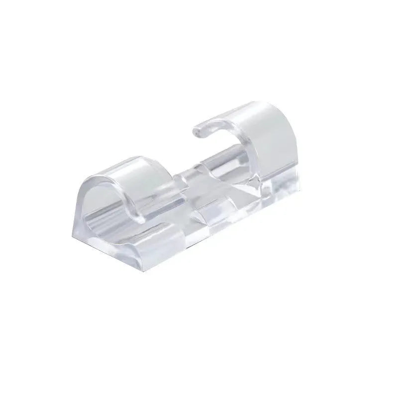 Transparent plastic self-adhesive cable clips for wire organisation in four sizes
