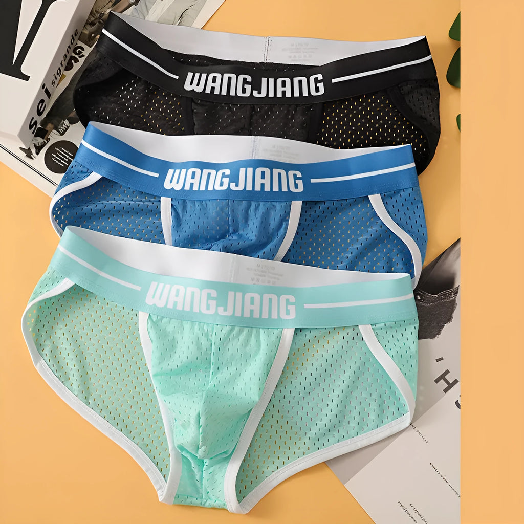 Men's black Ice Silk mesh triangle underwear briefs laid flat, showing solid colour and fabric texture.