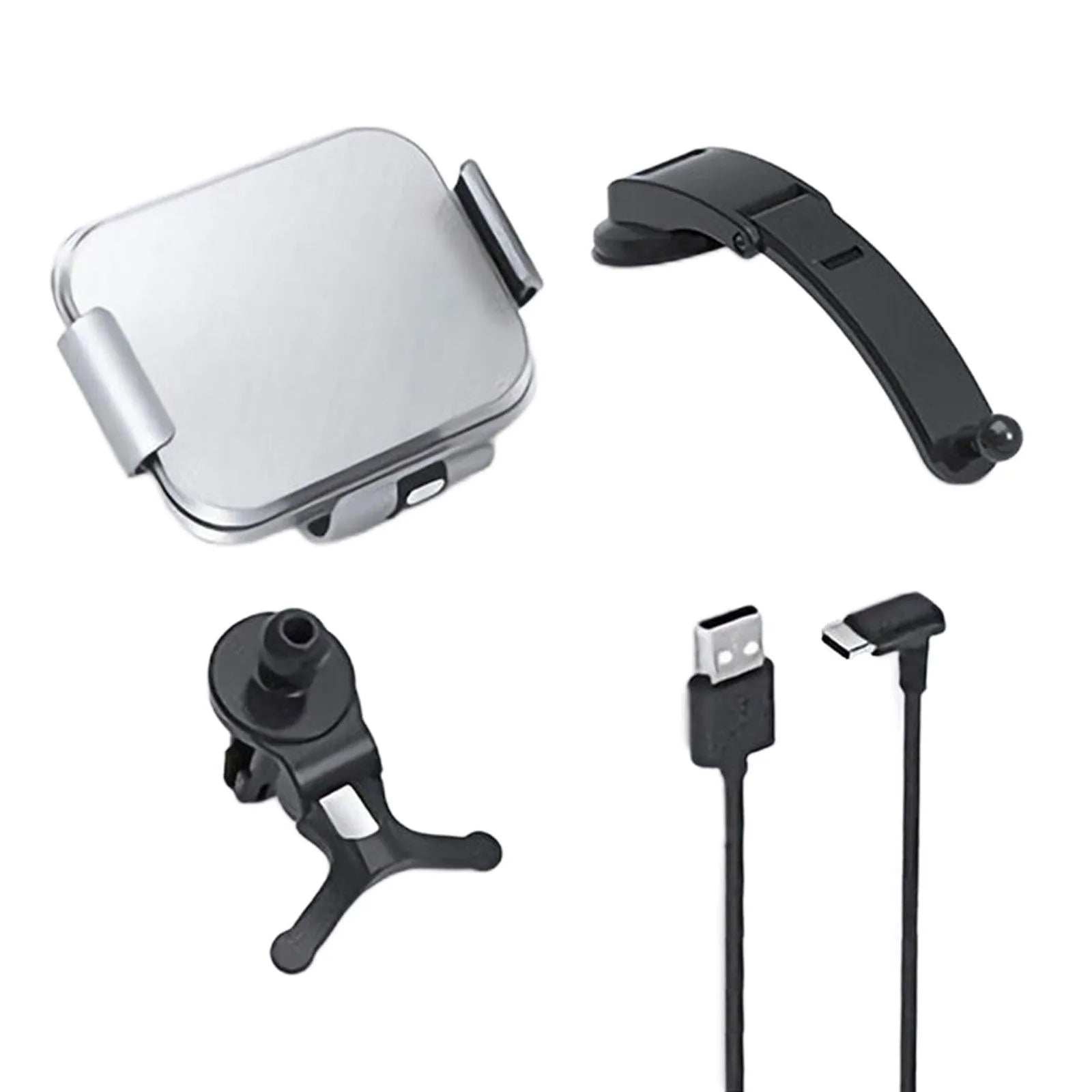 Grey wireless charging phone holder for cars with vent clip and suction cup mount options on a dashboard.