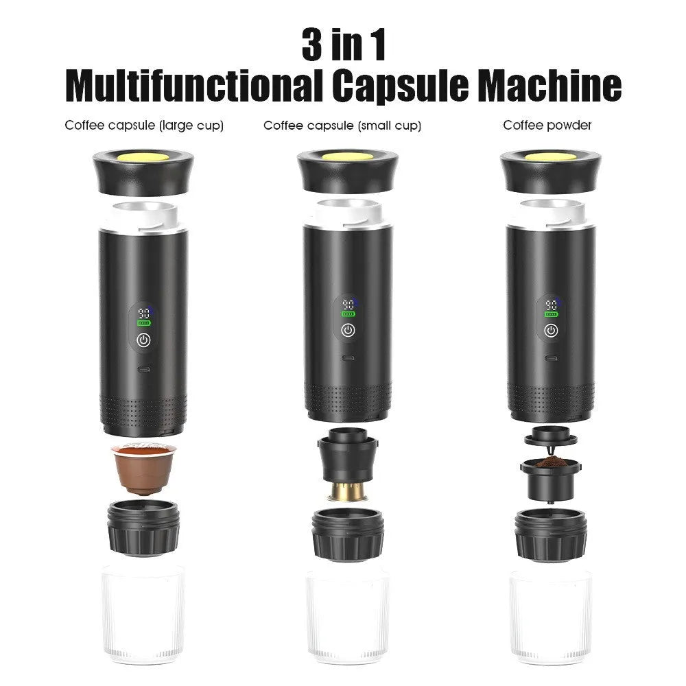 Portable electric capsule coffee machine for car and outdoor travel in silver finish, showing LCD display.