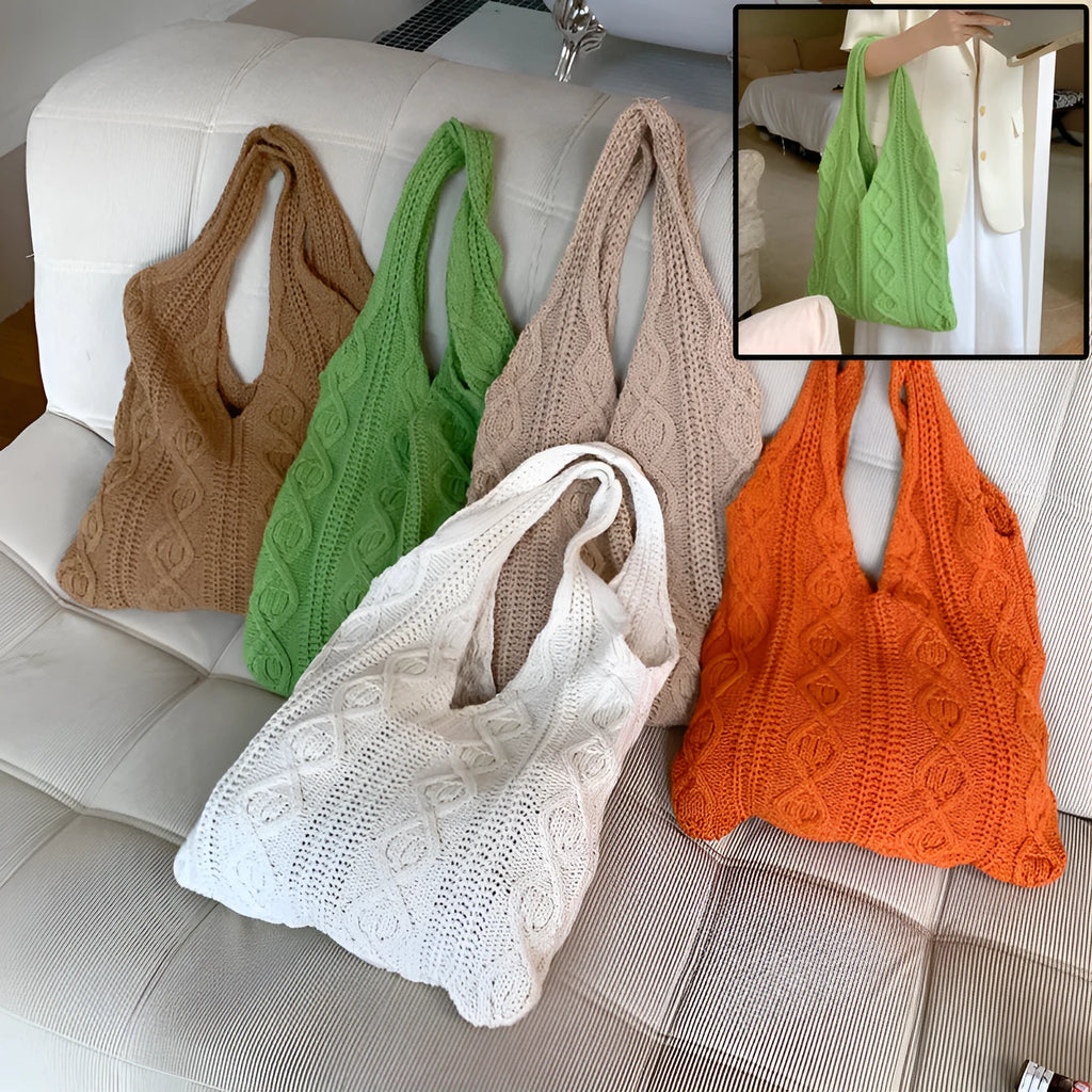 Retro hollow knitted women's shoulder tote bag in a solid colour with double straps.