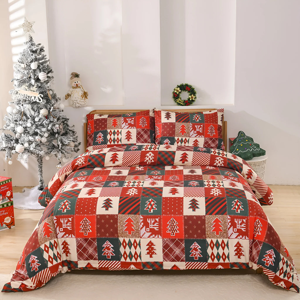 Christmas red plaid chemical fibre bedding three-piece set with quilt cover and pillowcases