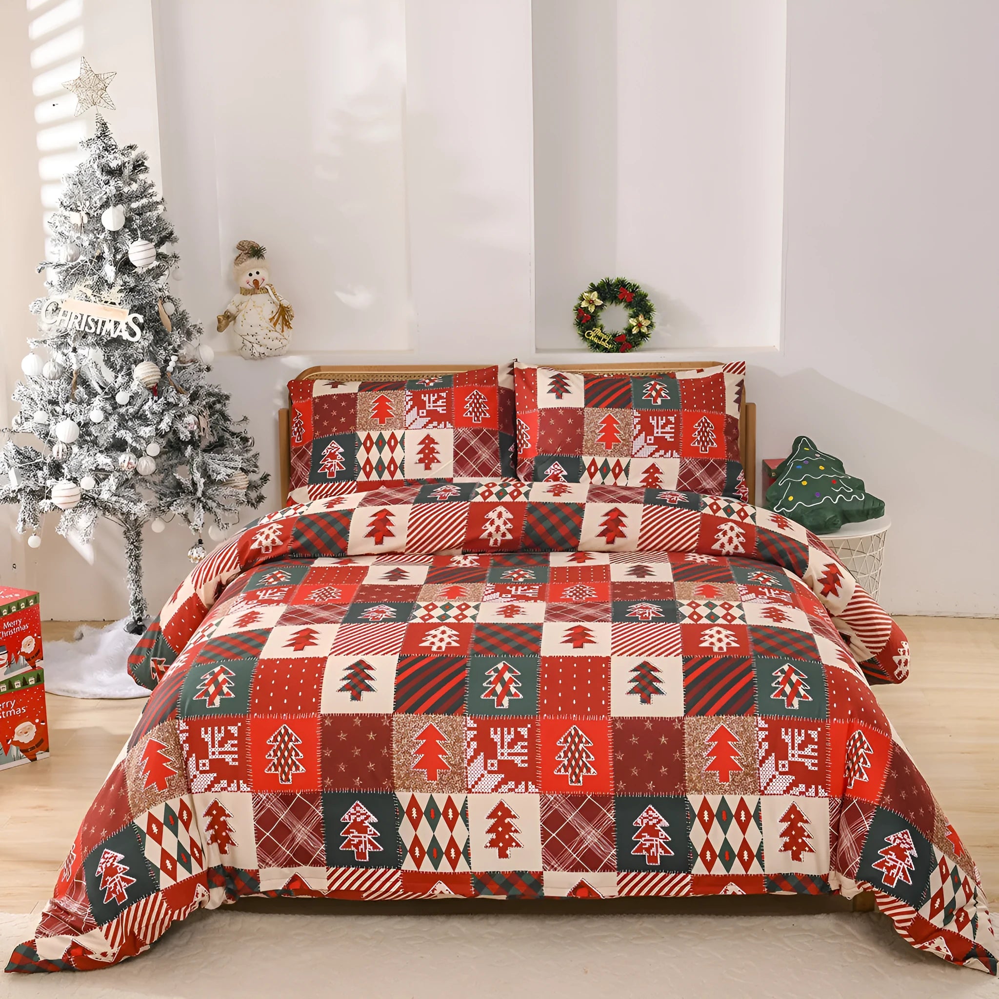 Christmas red plaid chemical fibre bedding three-piece set with quilt cover and pillowcases