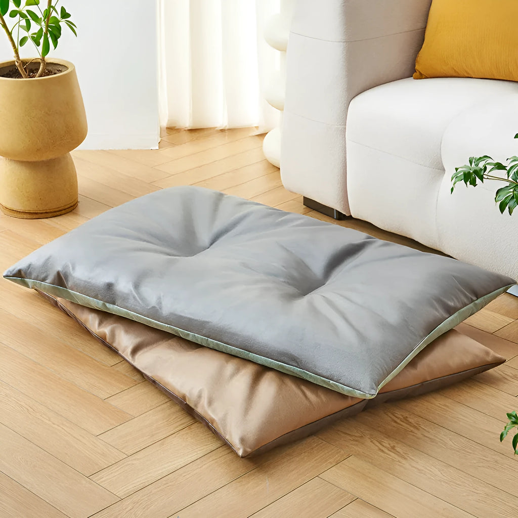 Blue and Coffee coloured pet sleeping mats shown in four different sizes for cats and dogs