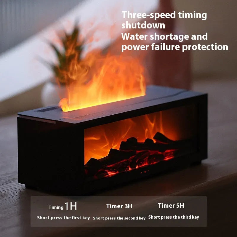 Square black flame effect aromatherapy diffuser with coloured LED lights and mist emitting, remote control beside it.