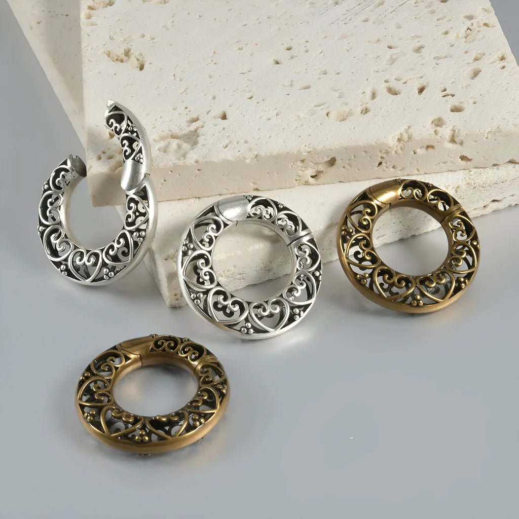Retro heart-shaped and lotus-shaped magnetic earrings in antique silver and gold stainless steel