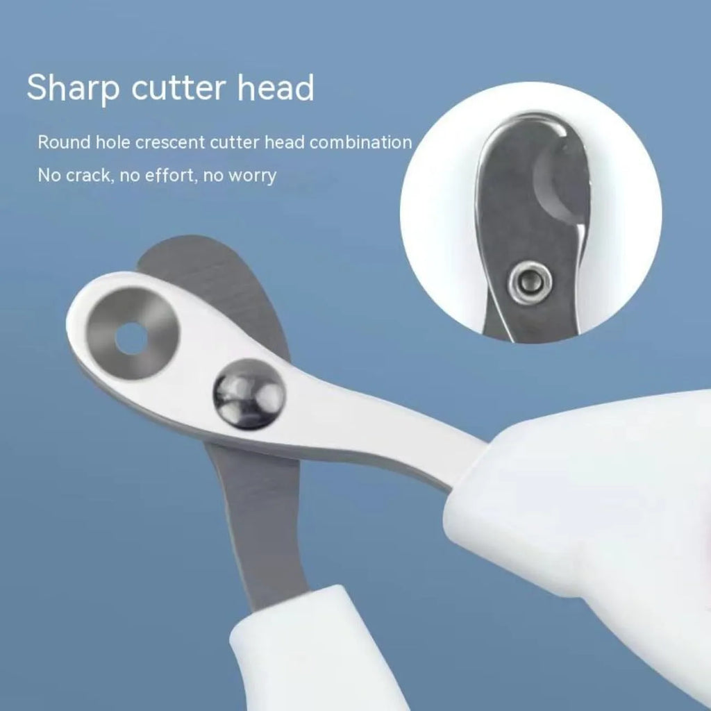 Blue pet nail clippers with a circular hole for the nail, showing the stainless steel blades and cushioned handles.