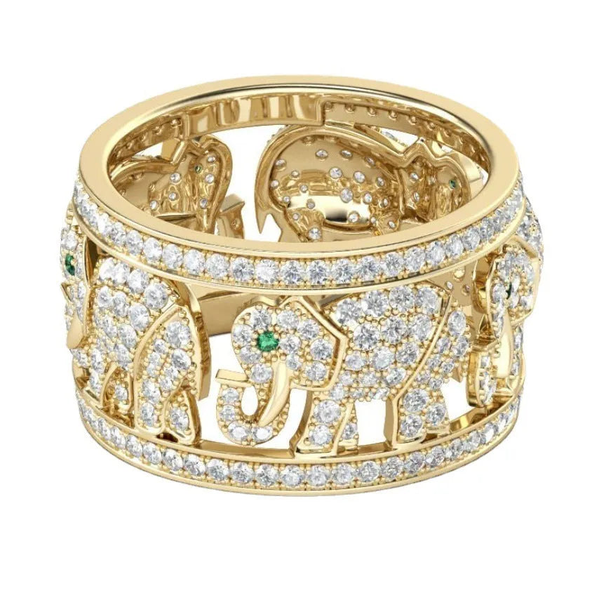 Elephant design fashion ring with diamond accents on an alloy band, shown in electroplated silver and gold colour variants.