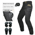Men's solid green waterproof motorcycle cycling pants laid flat, showing belt and protective gear set.