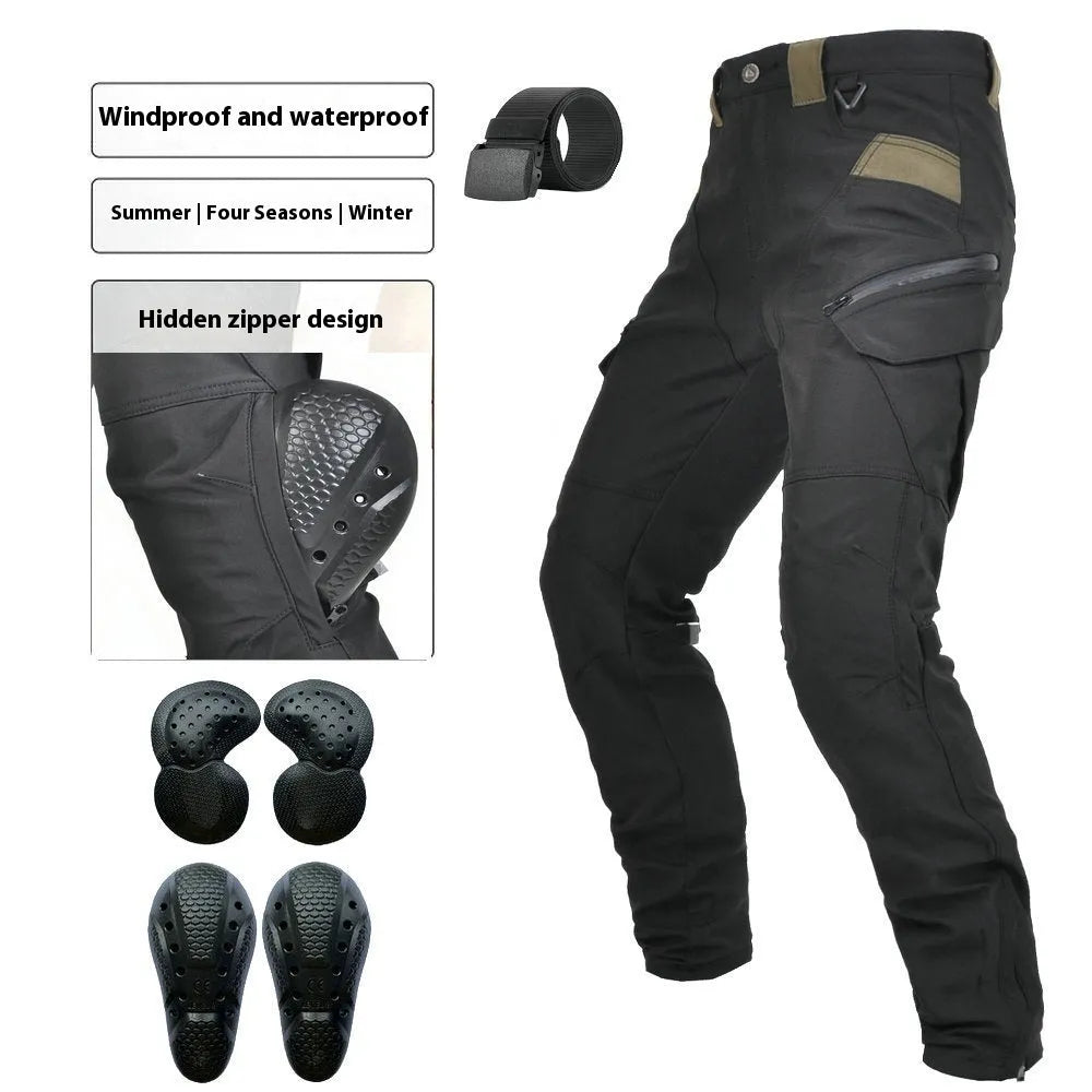 Men's solid green waterproof motorcycle cycling pants laid flat, showing belt and protective gear set.