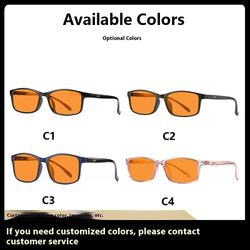 Orange anti-blue light glasses on a colour box, showing one of four available frame colour options.