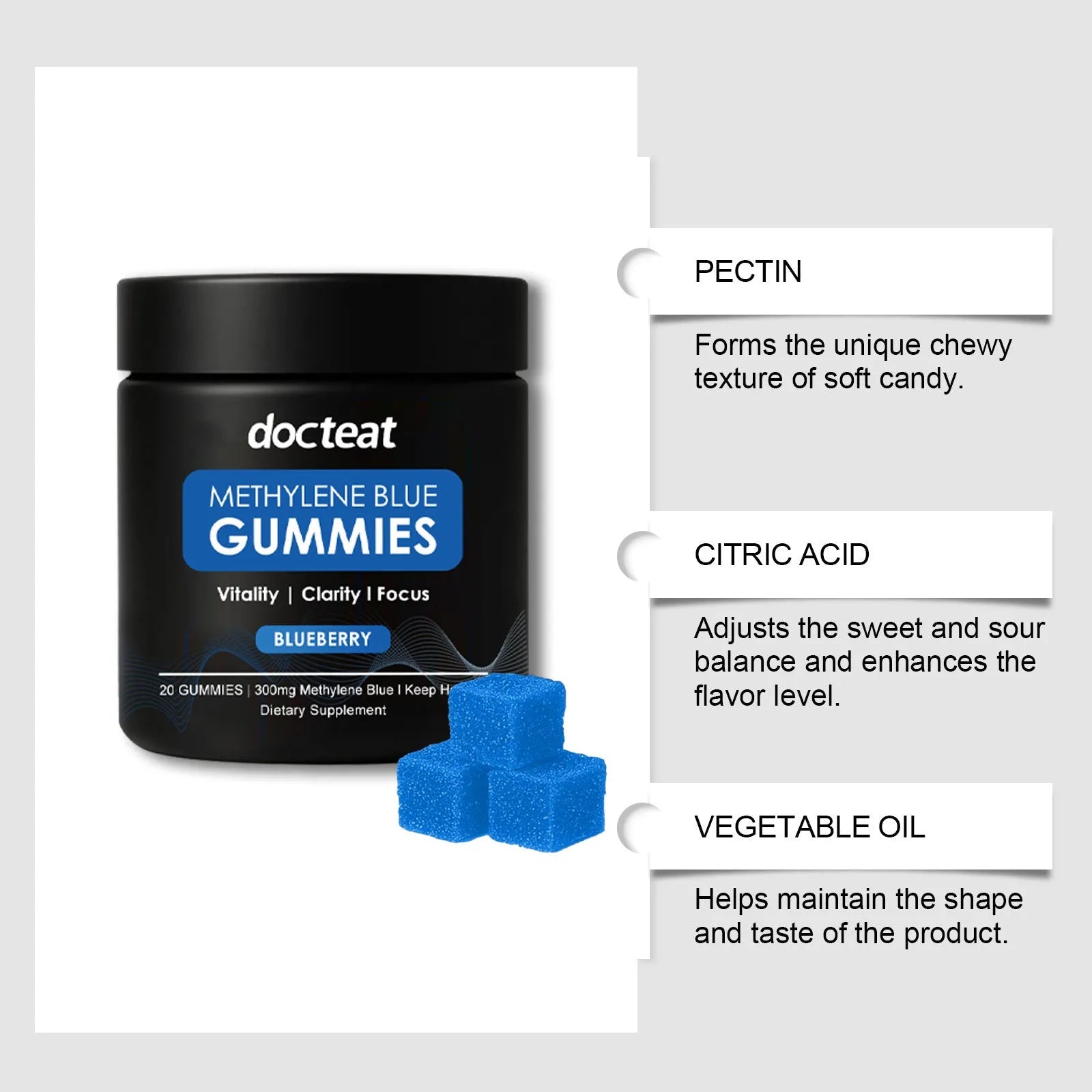20 methylene blue soft candy supplements in chewable gummy form with bitter cassava syrup