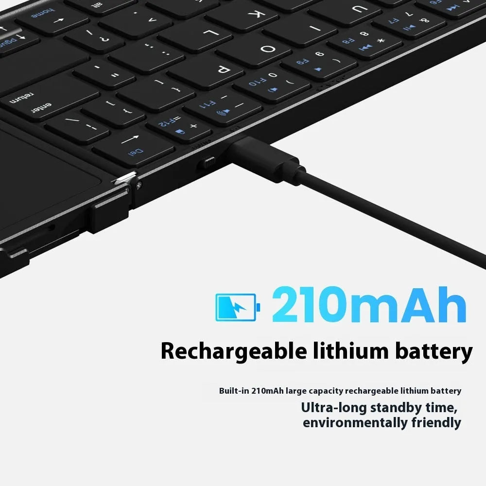 Black folding Bluetooth keyboard for mobile phones and tablets, shown next to a phone.