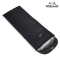 Black adult sleeping bag with white goose down fill and durable nylon shell for outdoor camping.