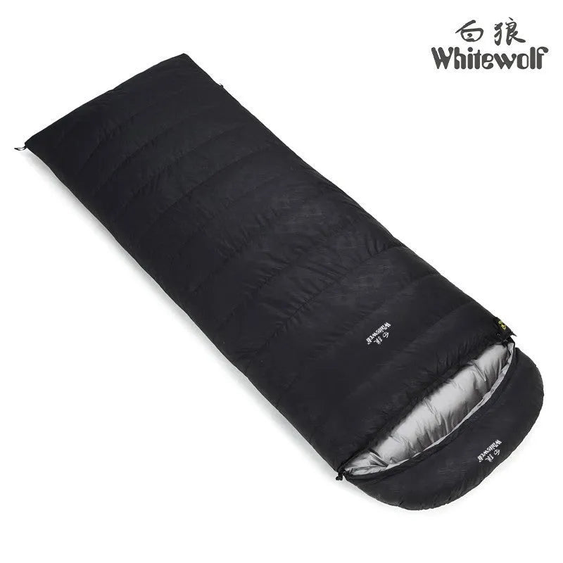 Black adult sleeping bag with white goose down fill and durable nylon shell for outdoor camping.