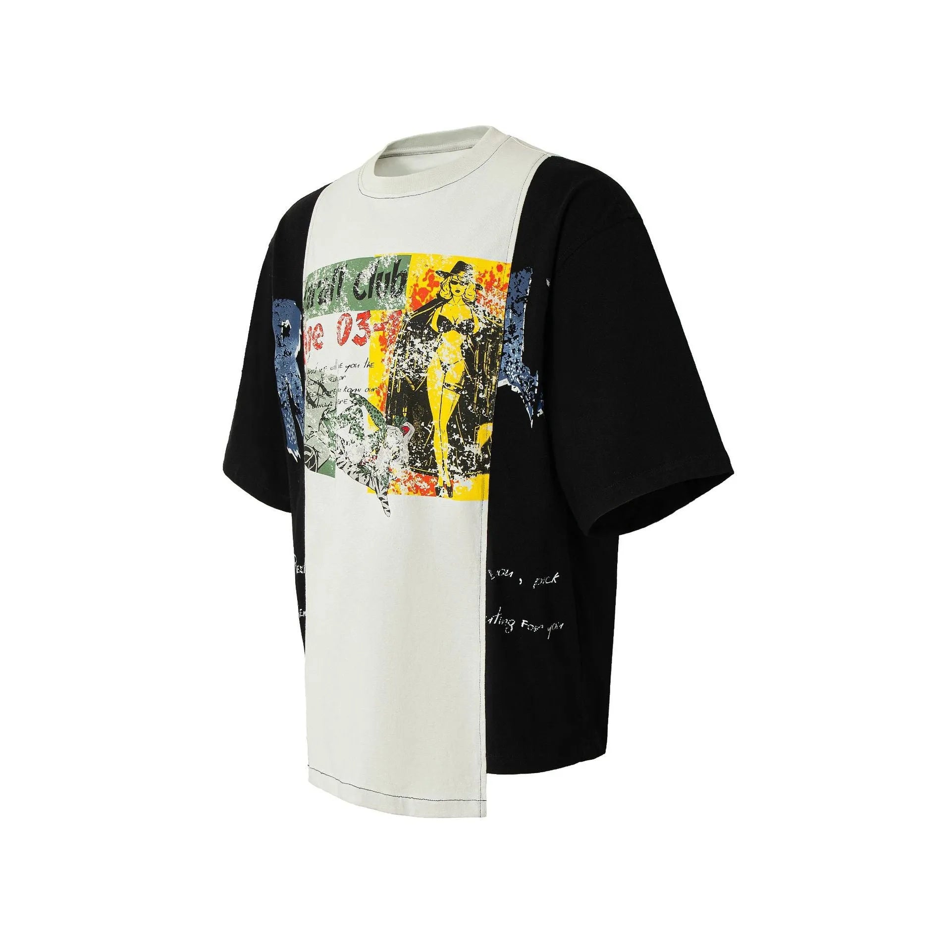 Black and white broken collage print on a loose-fit cotton blend T-shirt for streetwear.