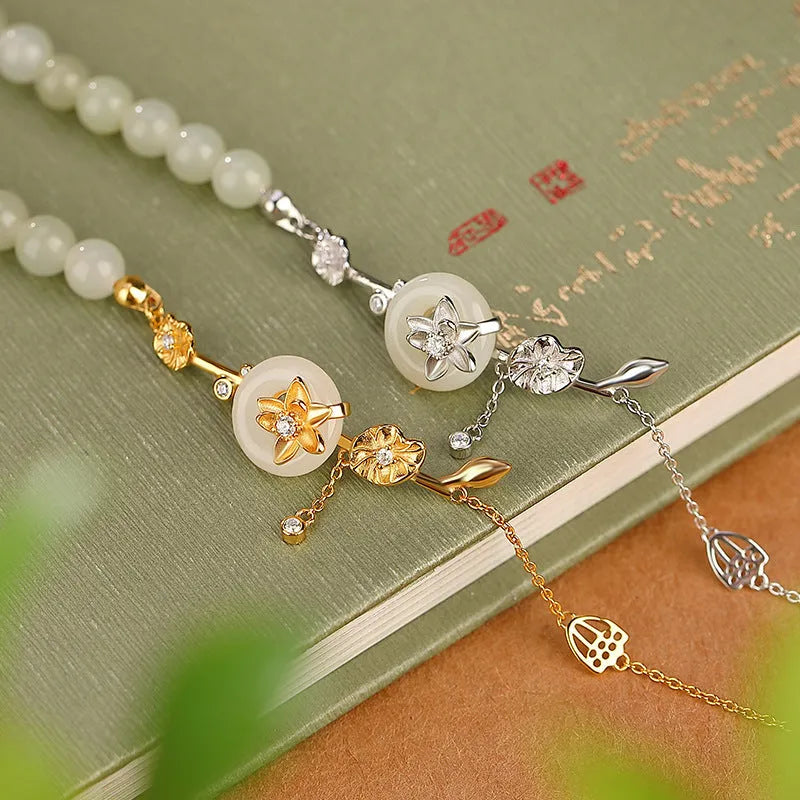 Hetian jade lotus peace buckle bracelet in 925 sterling silver with gold or silver plating
