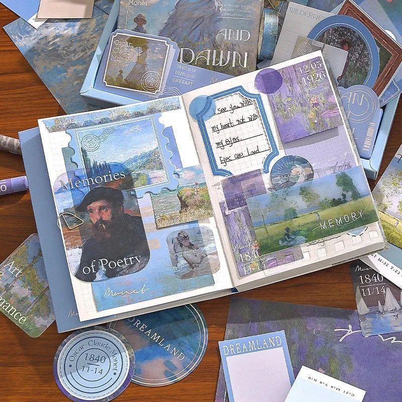 Hand Account Suit creative journal gift box open showing A6 grid notebook, paper stickers, cards, and photo frames.
