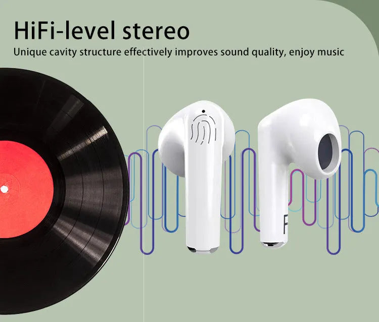 White wireless Bluetooth semi in-ear earphones next to their compact charging case.