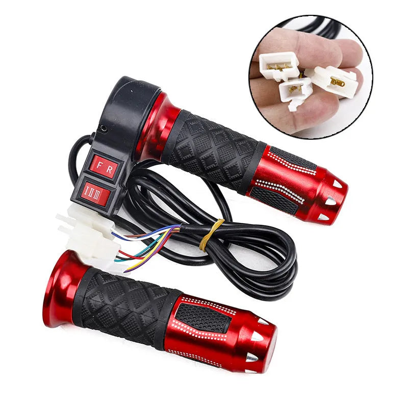 A plastic three-speed rotating handle for electric car acceleration control, shown in a choice of colours.