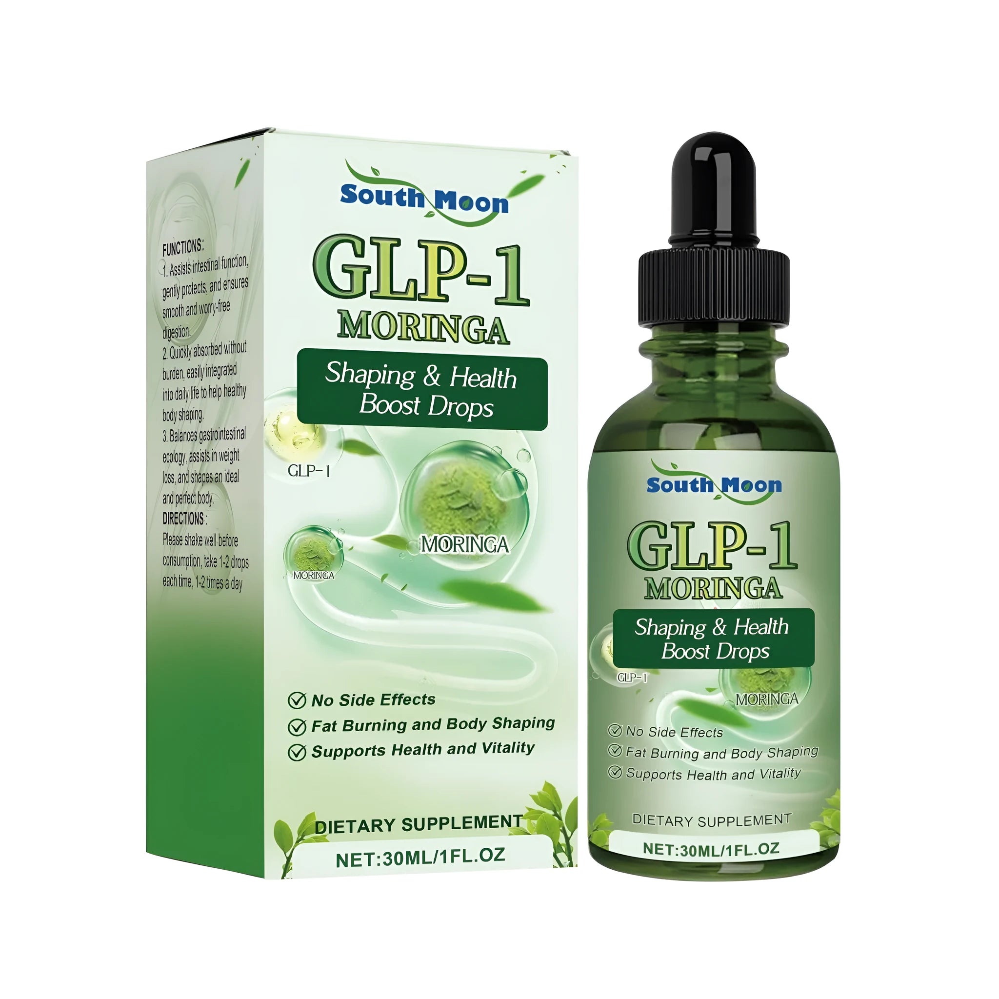 30ml glass bottle of digestive and body shaping liquid supplement with a dropper.