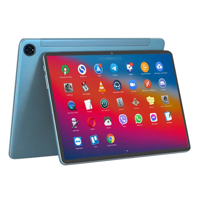 10-inch bare metal blue tablet in a leather keyboard case on a desk