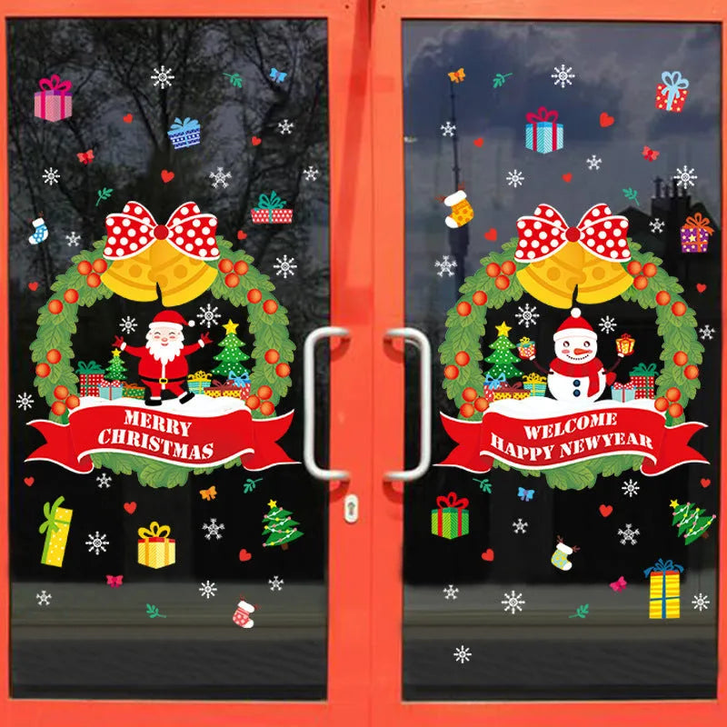 Large colourful cartoon Christmas static cling wall sticker on a glass window.