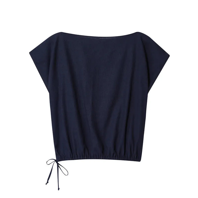 Women's linen-blend co-ord set featuring off-neck blouse with flounced sleeves and wide-leg trousers