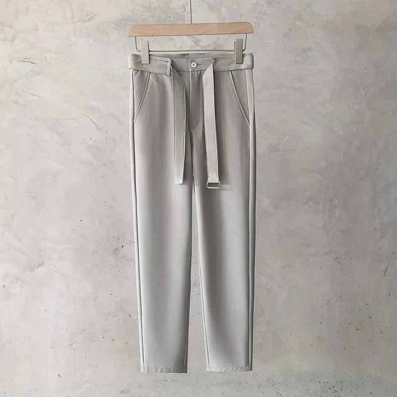 Boys slim straight wool trousers in tapered cut for business casual and street fashion.