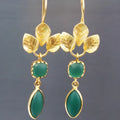 Gold-coloured retro drop earrings with French leaf design, tassels, and water drop zircon stones
