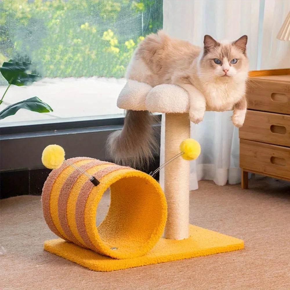 Yellow Bee-shaped cat climbing frame with a sisal scratching board and a fabric tunnel.
