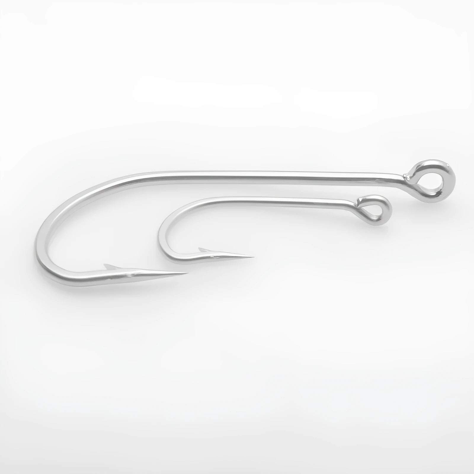 Assortment of multi-specification alloy sea fishing hooks for boat fishing on a blue background.