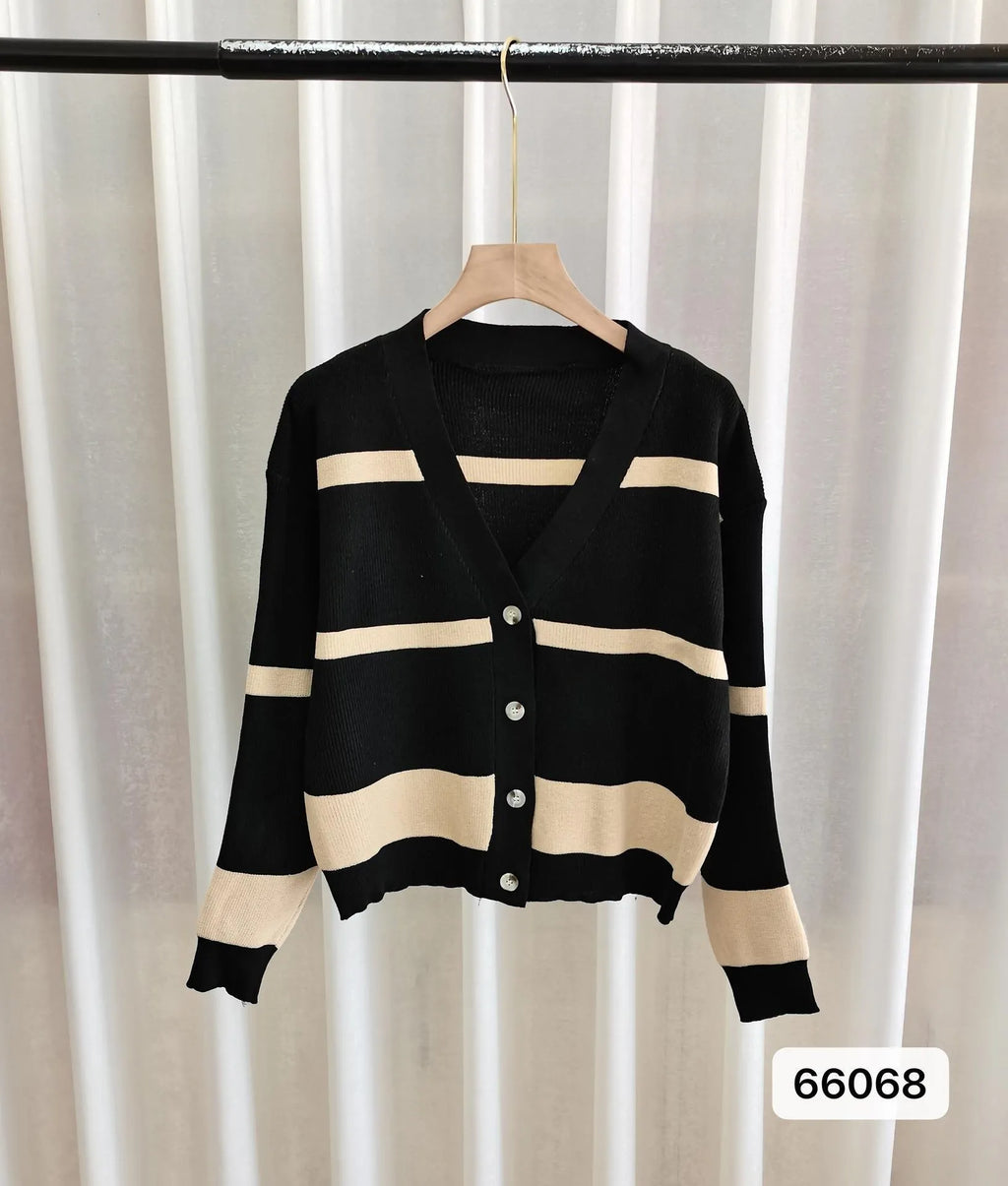 Women's slim fit striped knitted cardigan with 3D pattern and V-neck in multiple colour options
