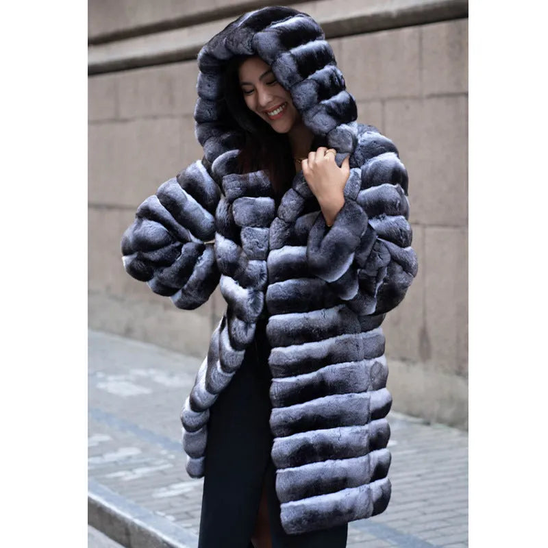 Women's zebra stripe artificial mink overcoat with mid-length cut and regular sleeves