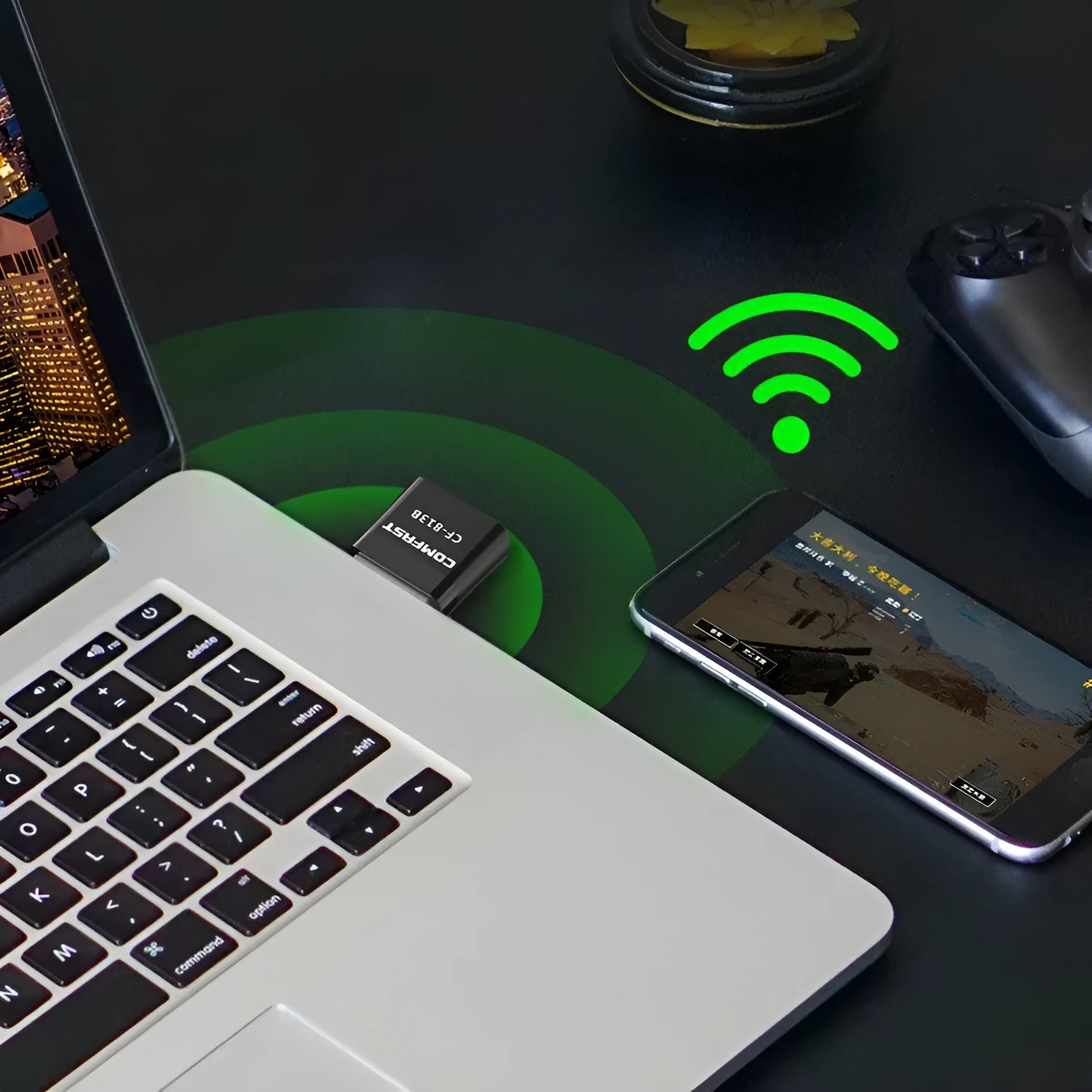 Black nickel-plated USB Bluetooth and dual-band WiFi adapter for PC connectivity