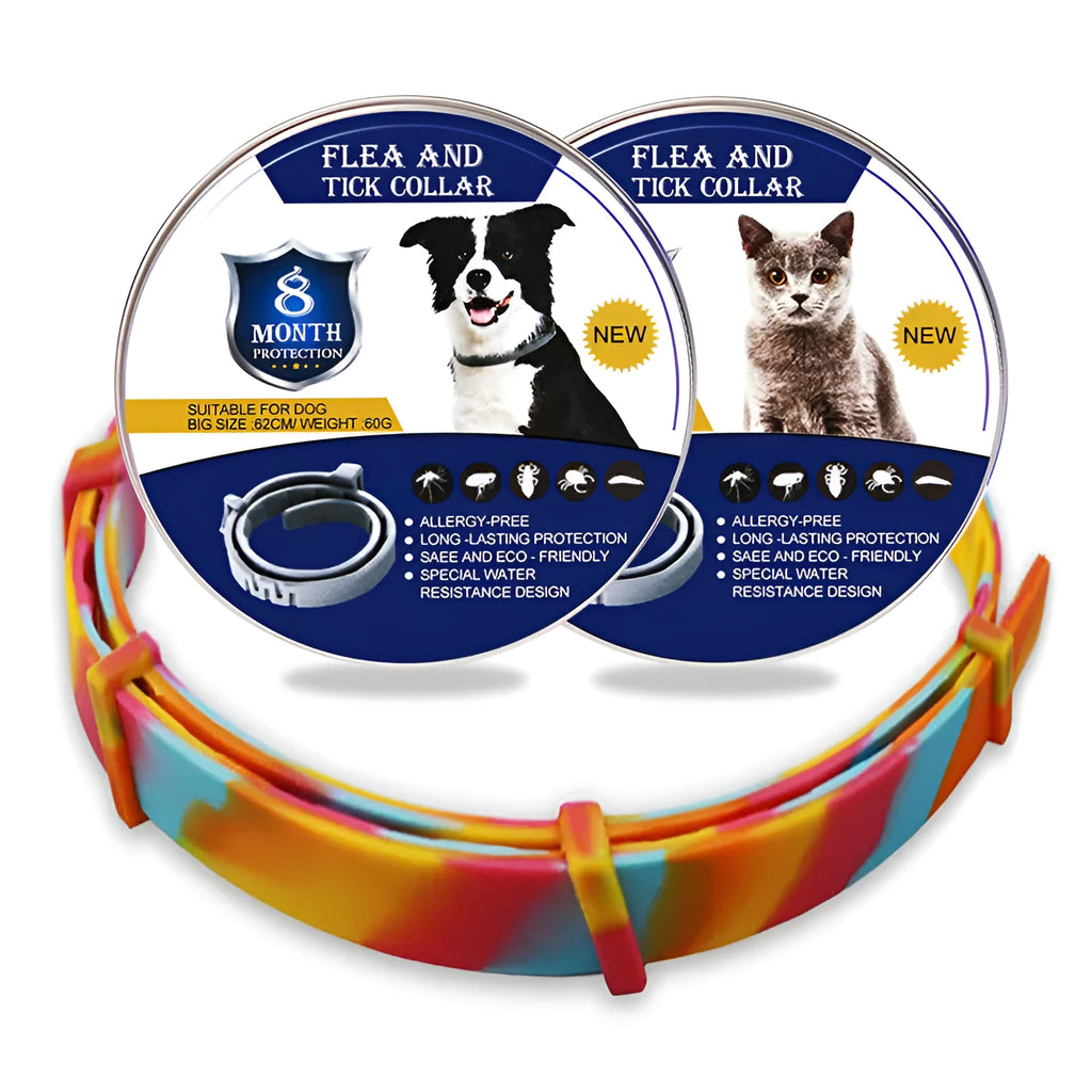 Rainbow coloured plastic flea collar for cats and dogs showing 38cm and 62cm size options