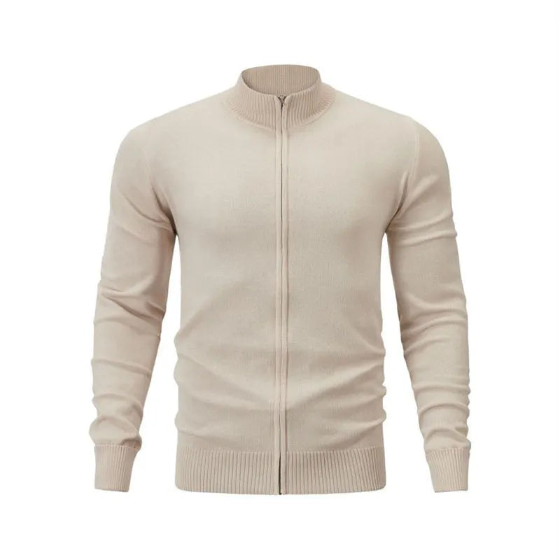 Cotton stand collar zip-front cardigan in a loose fit, shown in apricot colour.