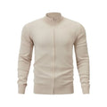 Cotton stand collar zip-front cardigan in a loose fit, shown in apricot colour.