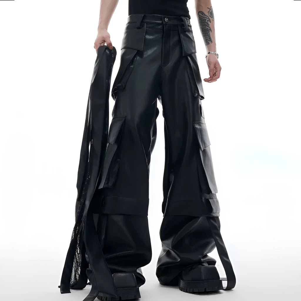 Black loose fit leather trousers with quilted stitching detail and multiple pockets