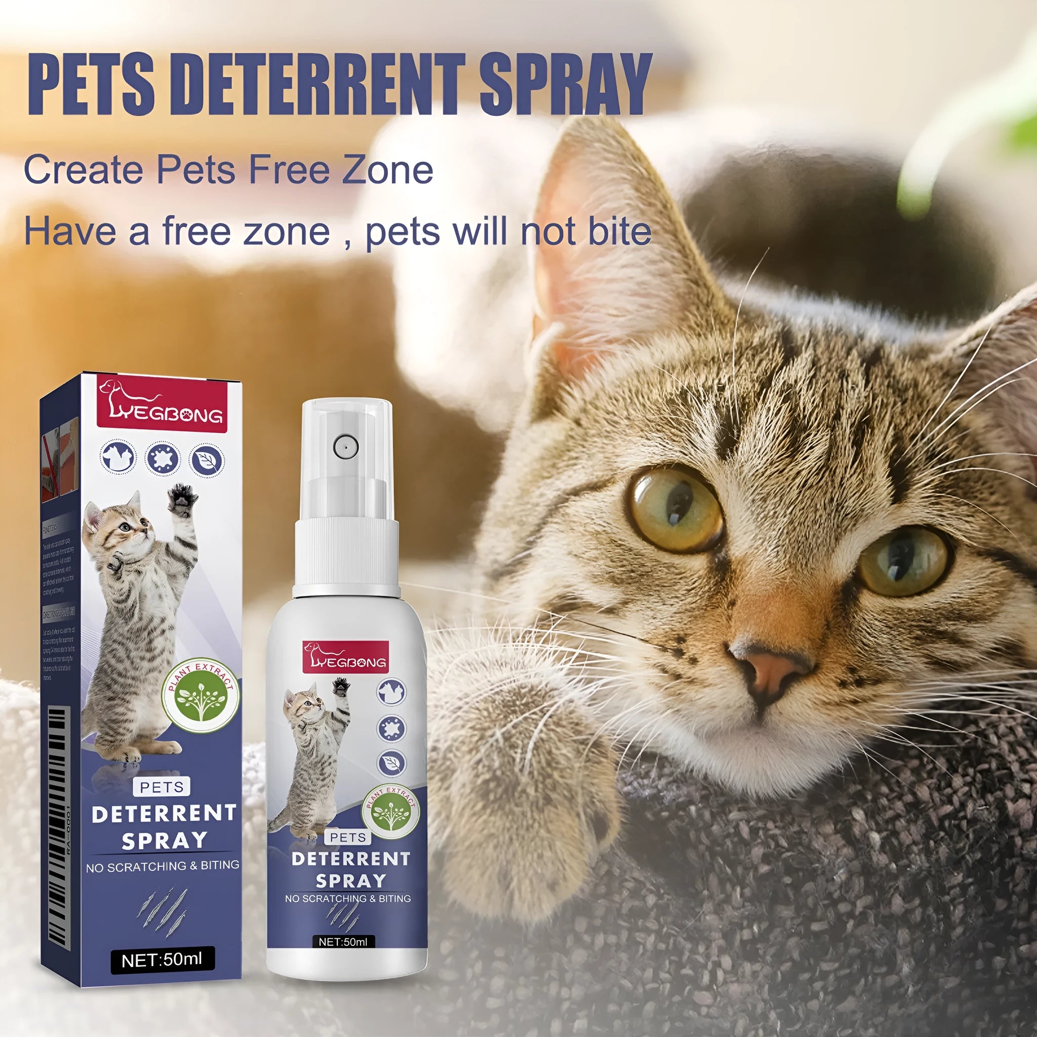 Boxed 50ml bottle of pet deterrent spray for dogs and cats to prevent scratching.