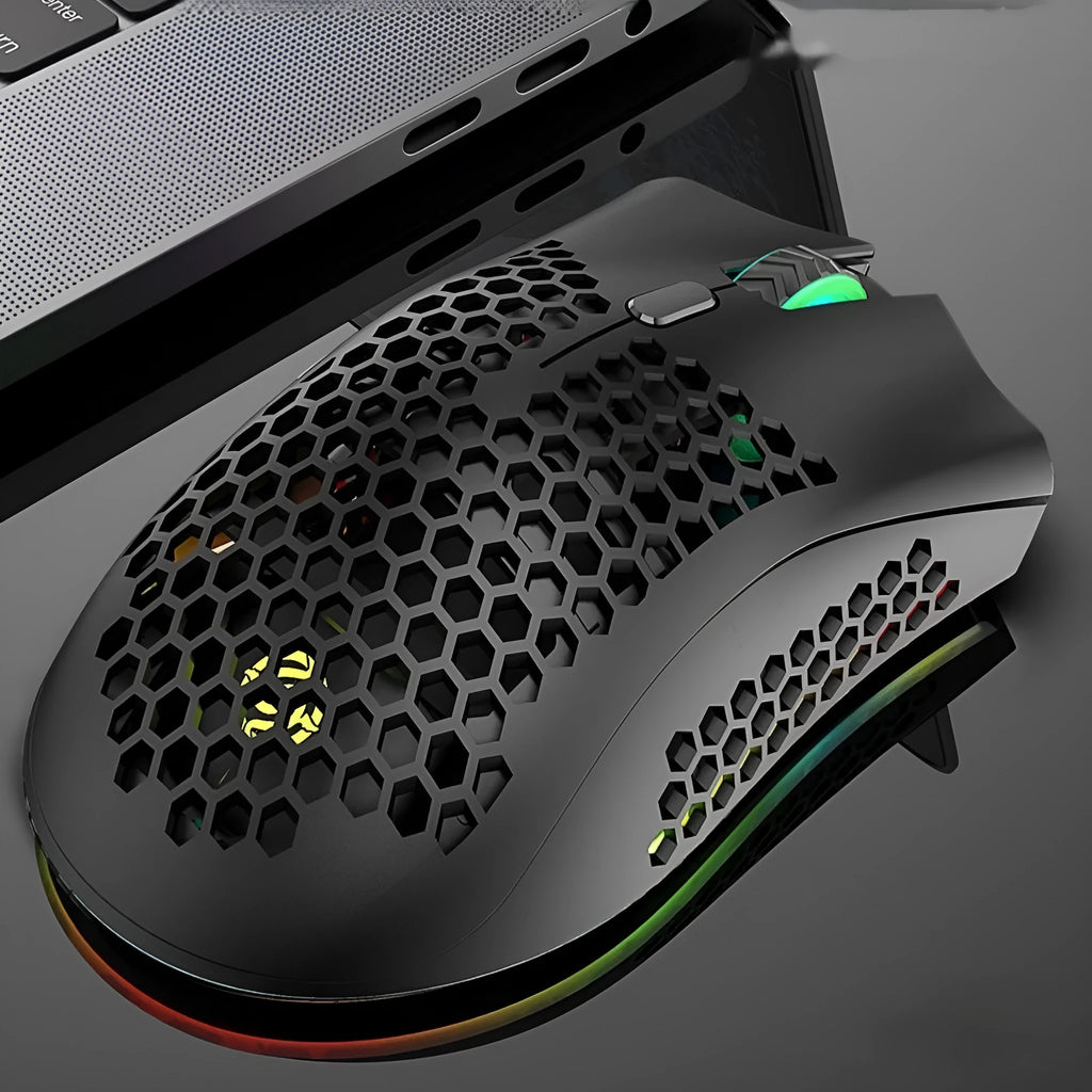 BM600 hollow-out wireless gaming mouse with luminous charging in cyan, black, or white colours.