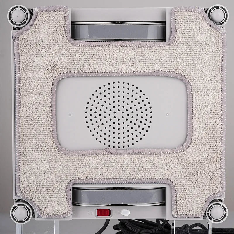 White intelligent window cleaning robot for high-rise windows with voice and app control.