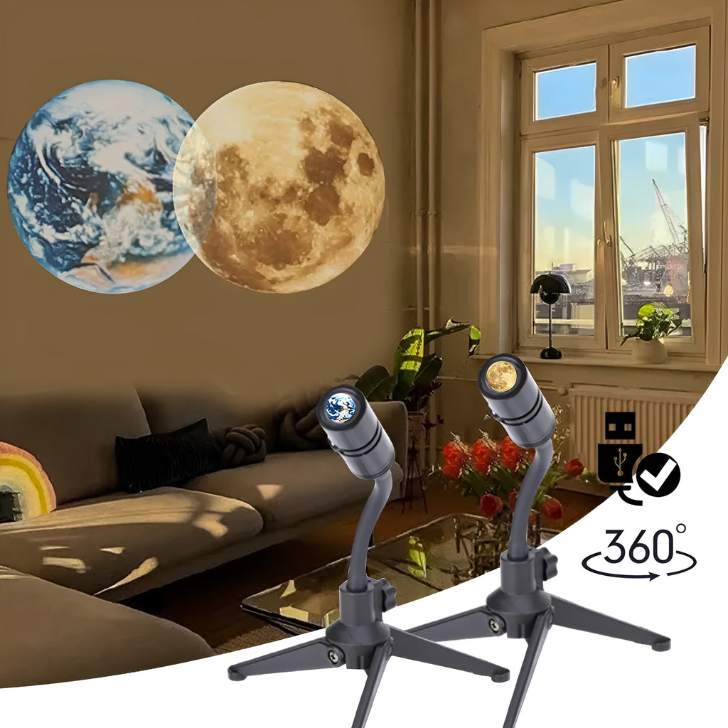 2 in 1 star projector showing Earth and Moon projection effects with adjustable hose bracket