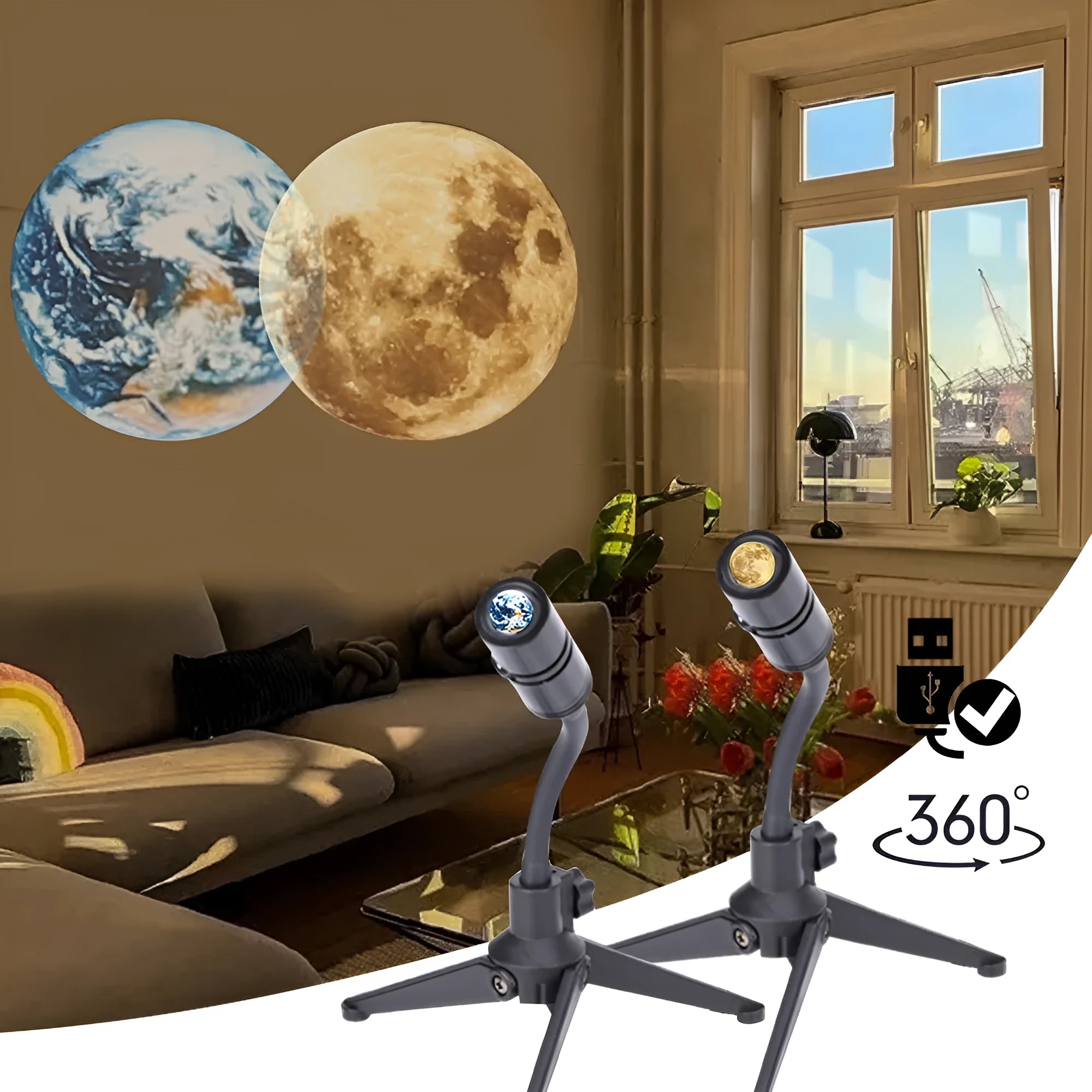2 in 1 star projector showing Earth and Moon projection effects with adjustable hose bracket