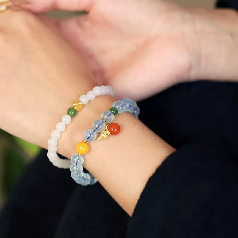 Aquamarine crystal bracelet with 8mm geometric beads in ethnic retro design