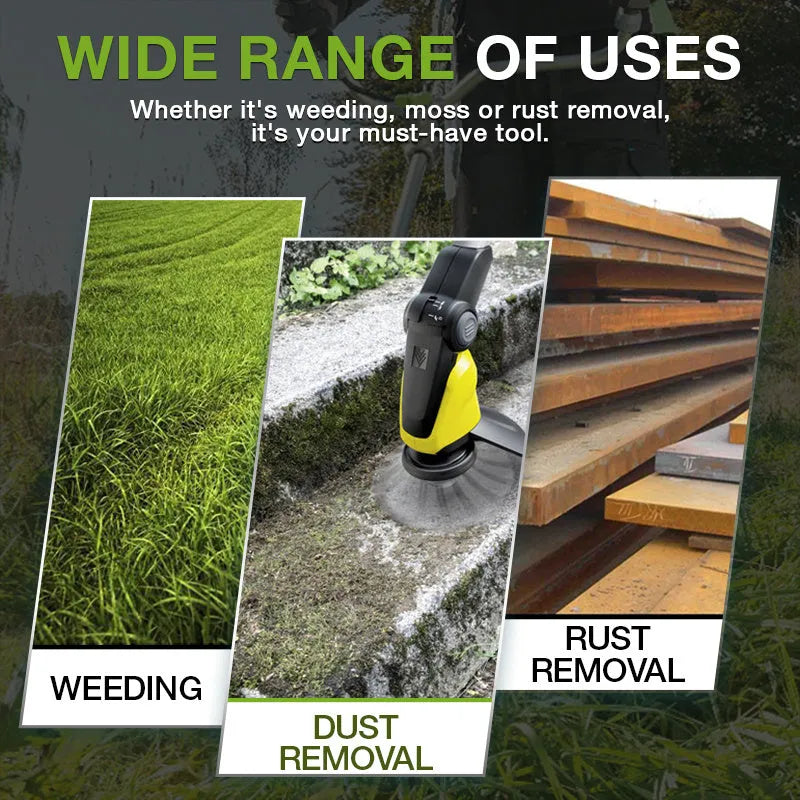 Stainless steel wire mower accessory for grassland weeding, showing 150mm diameter and knife options.