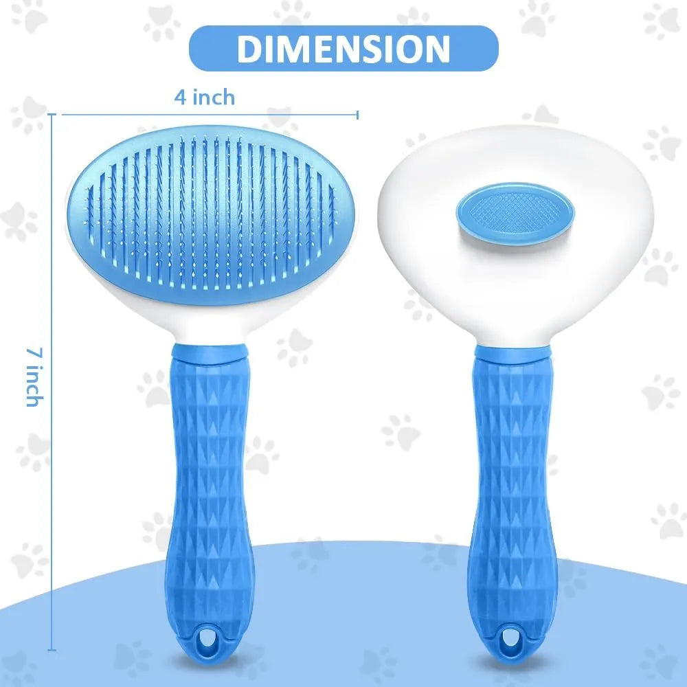 Blue, grey, or pink cat brush with a release button and fine wire bristles for pet grooming.