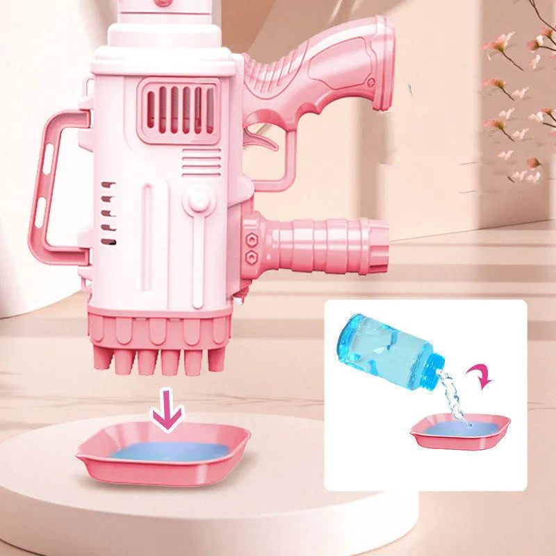 Cherry pink and sky blue electric bazooka bubble gun toy with 32 holes on a colour box.